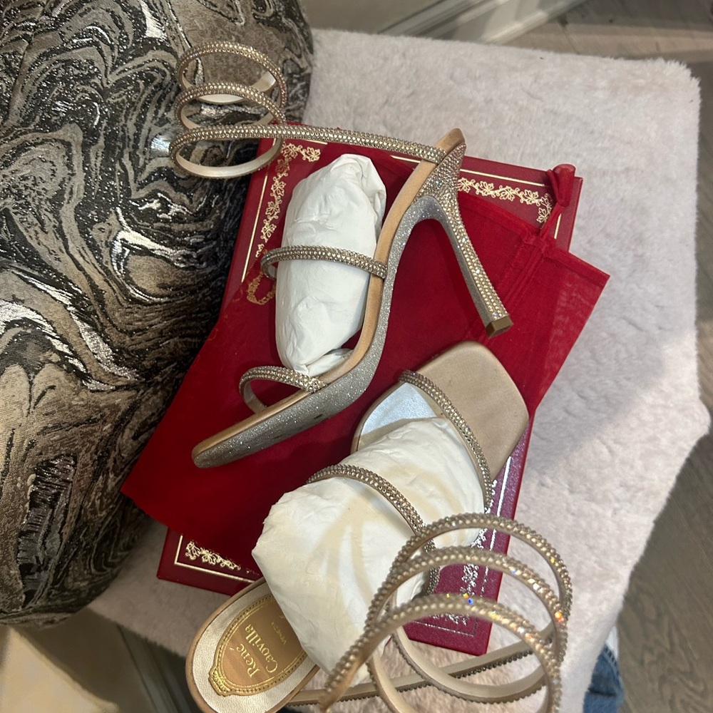 Rene Caovilla Gold Crystal-Strap Stiletto Sandals